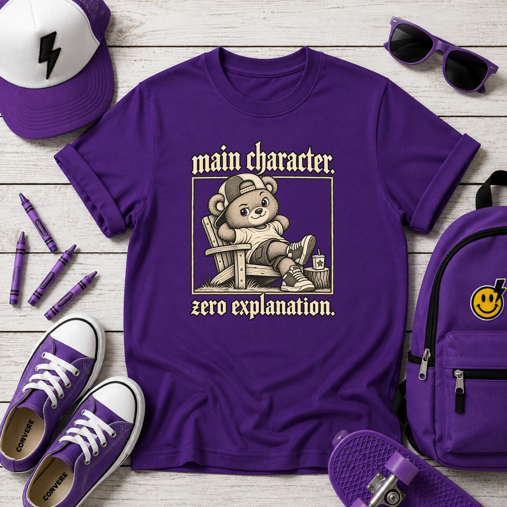 Kids T-Shirt "Main Character, Zero Explanation" Cute Teddy Graphic