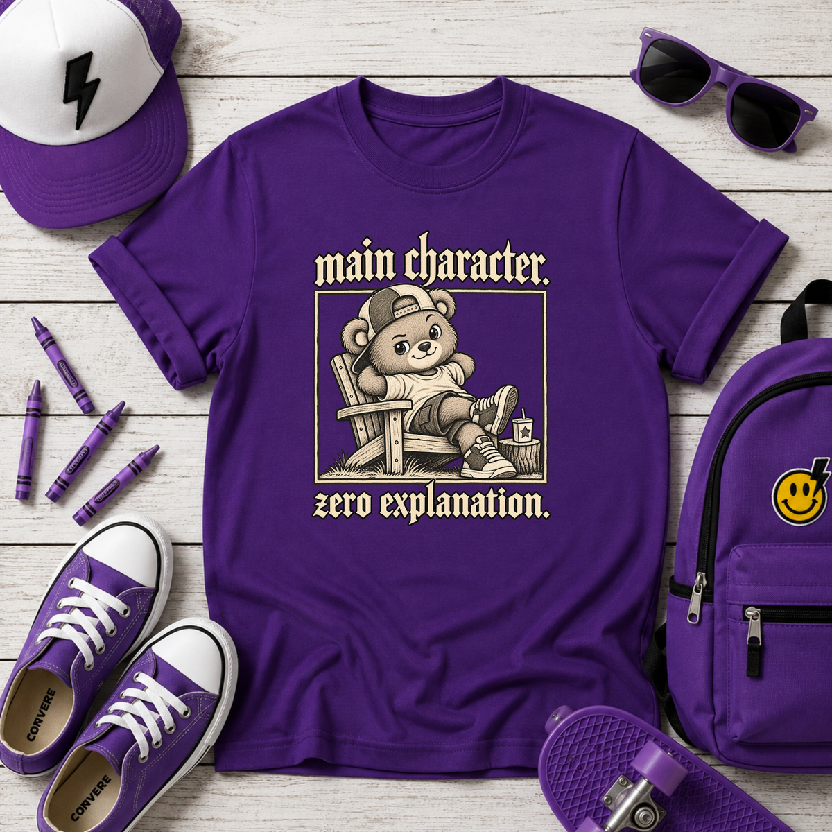 Kids T-Shirt "Main Character, Zero Explanation" Cute Teddy Graphic