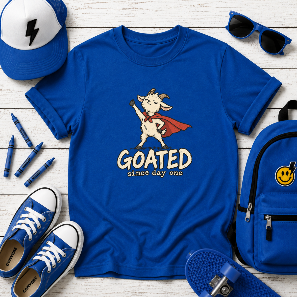 Kids "GOATED" Superhero Goat (Since Day One) Funny Graphic Tee