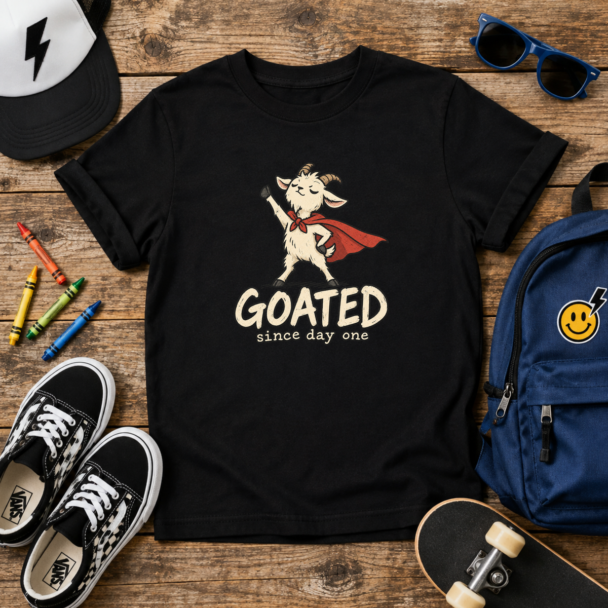 Kids "GOATED" Superhero Goat (Since Day One) Funny Graphic Tee