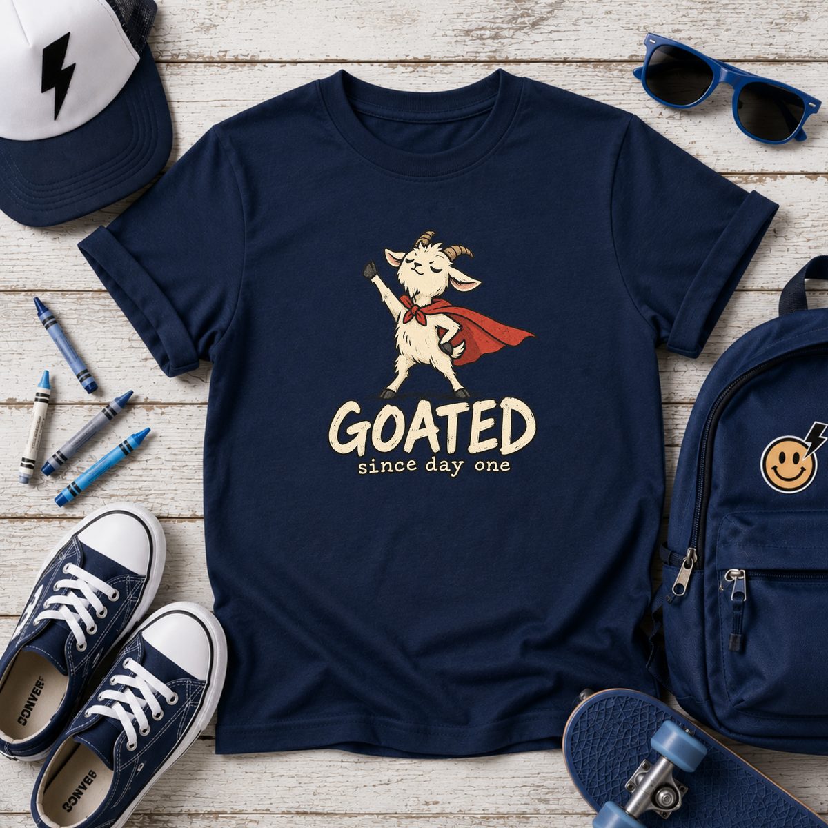 Kids "GOATED" Superhero Goat (Since Day One) Funny Graphic Tee
