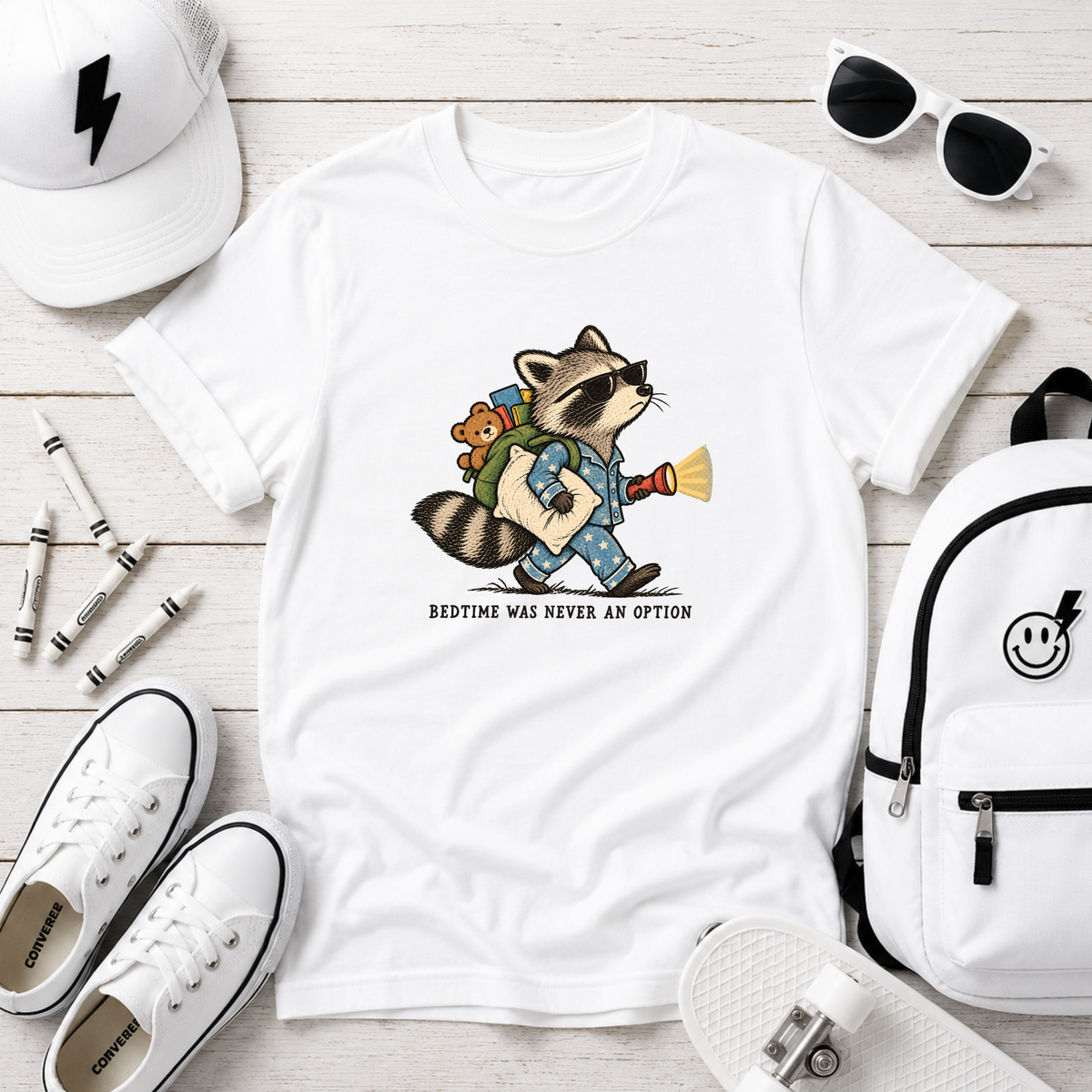 Funny Kids Graphic Tee Raccoon (“Bedtime Was Never An Option”)