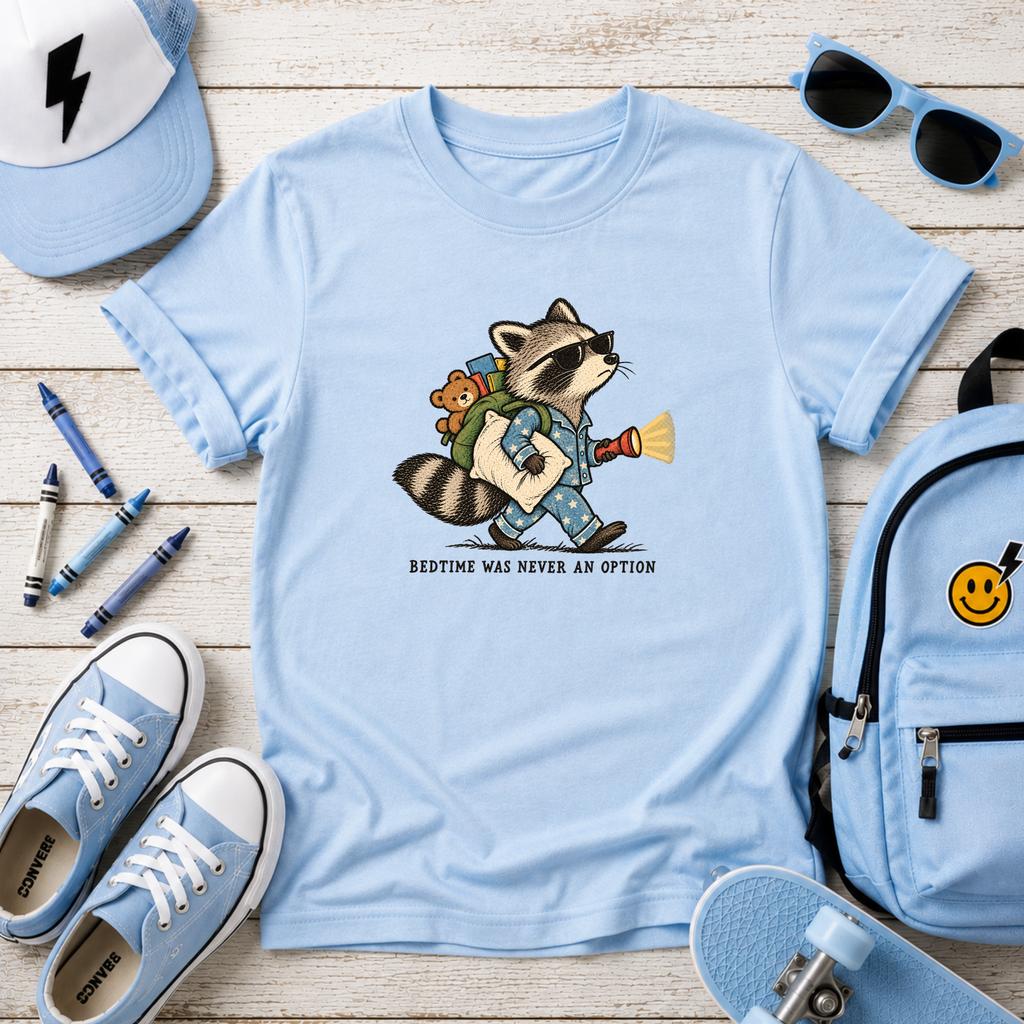 Funny Kids Graphic Tee Raccoon (“Bedtime Was Never An Option”)