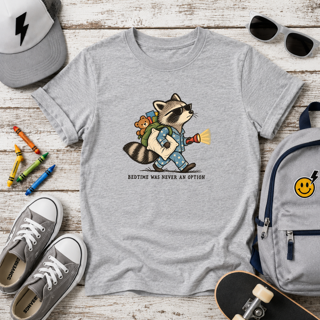 Funny Kids Graphic Tee Raccoon (“Bedtime Was Never An Option”)