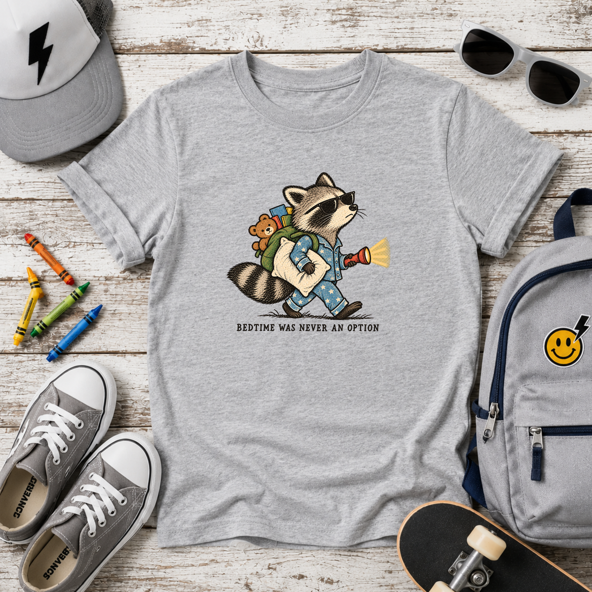 Funny Kids Graphic Tee Raccoon (“Bedtime Was Never An Option”)
