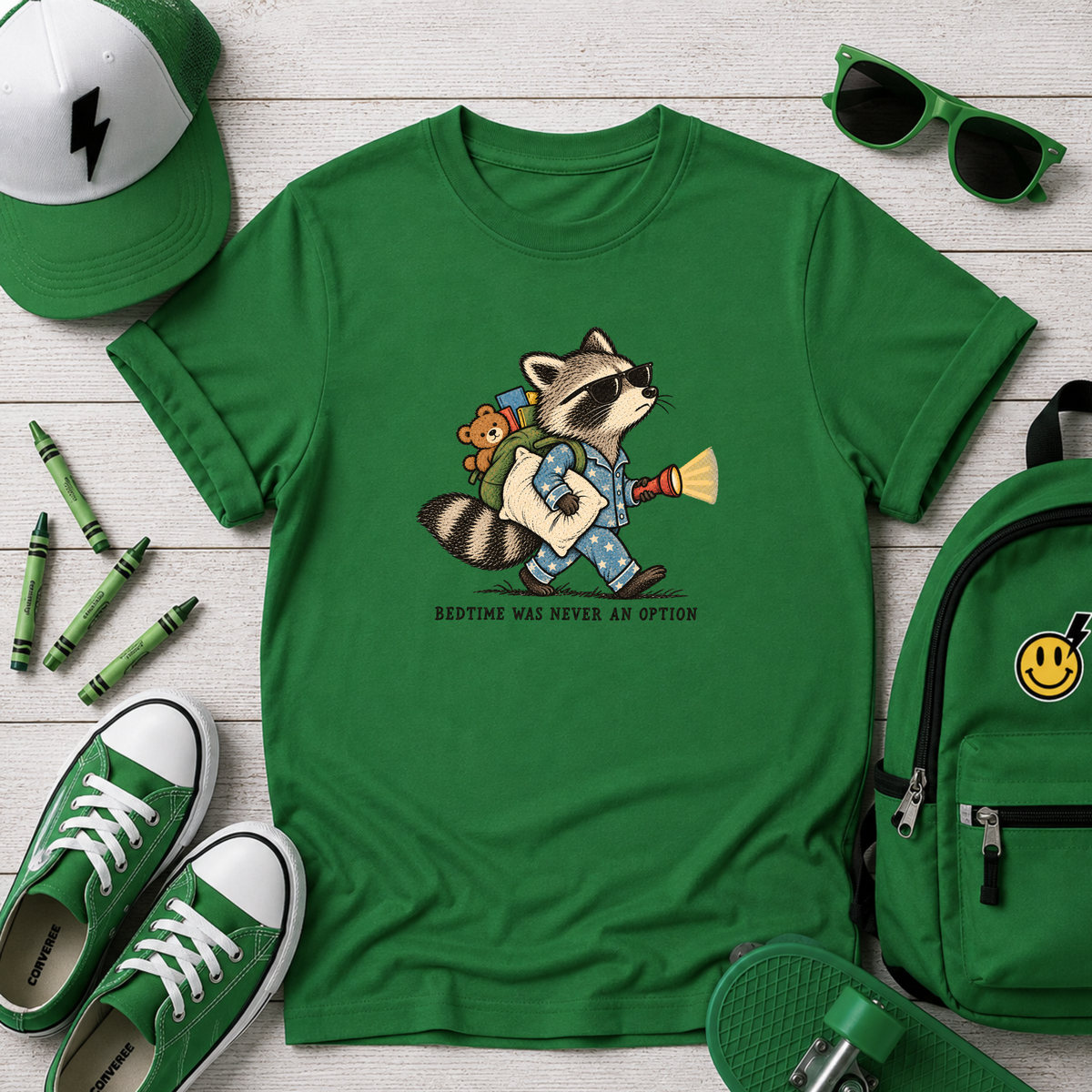 Funny Kids Graphic Tee Raccoon (“Bedtime Was Never An Option”)