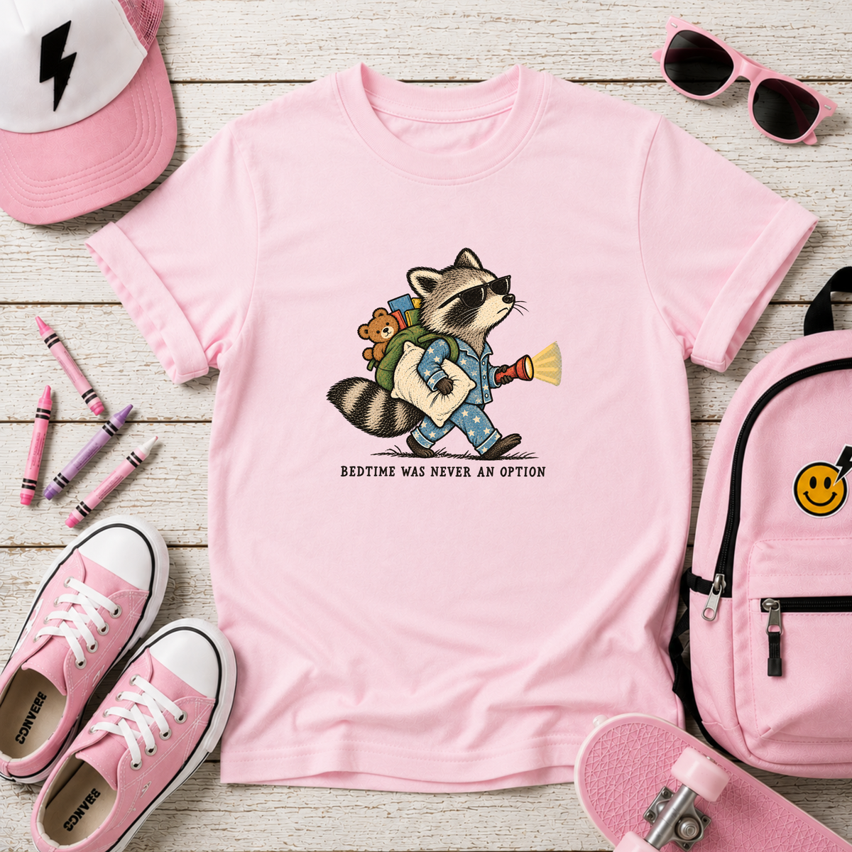 Funny Kids Graphic Tee Raccoon (“Bedtime Was Never An Option”)