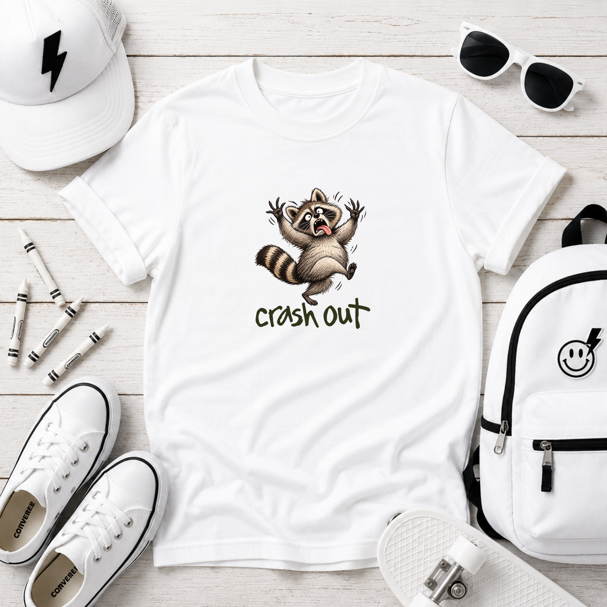 Cute Raccoon “Crash Out” Graphic Shirt for kids