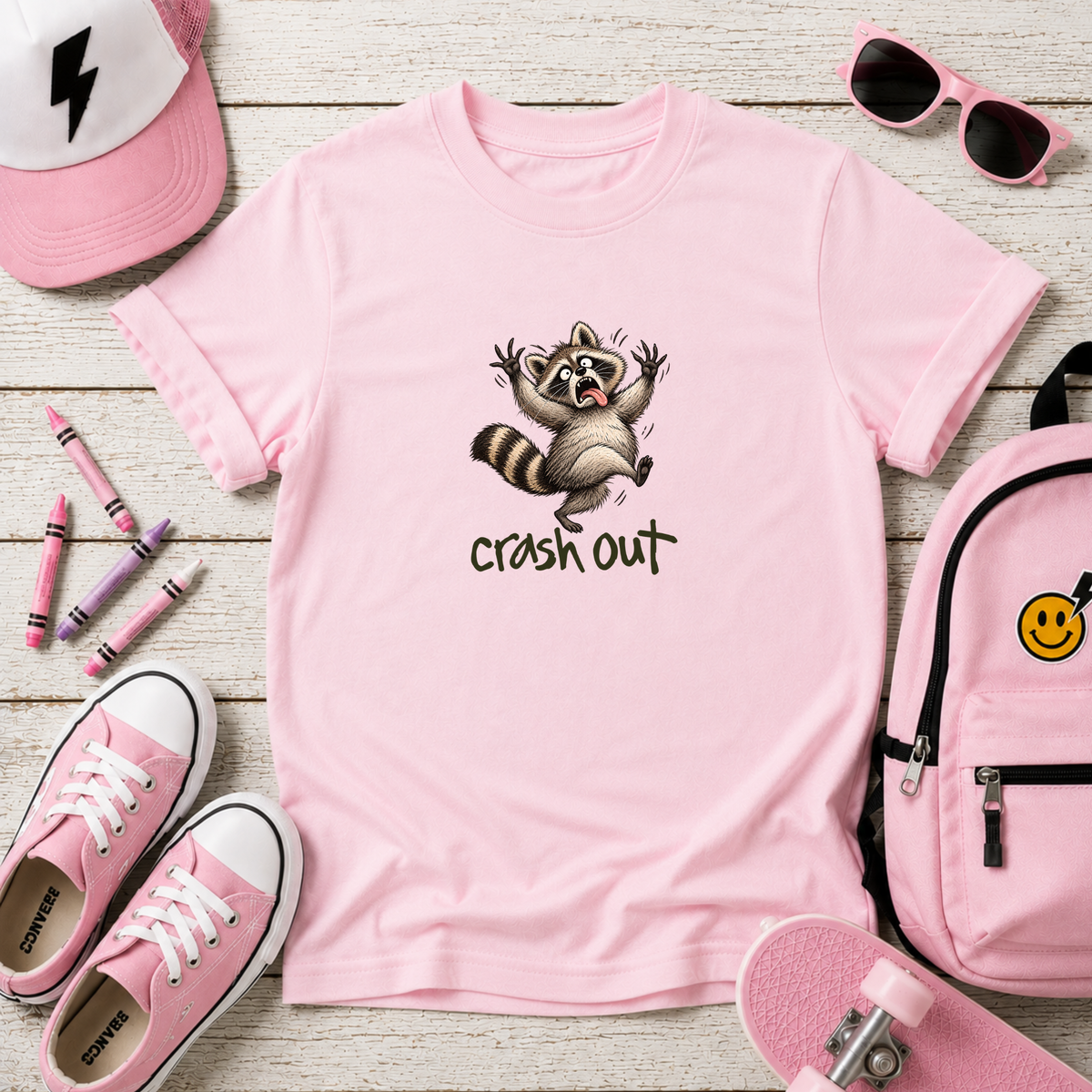 Cute Raccoon “Crash Out” Graphic Shirt for kids