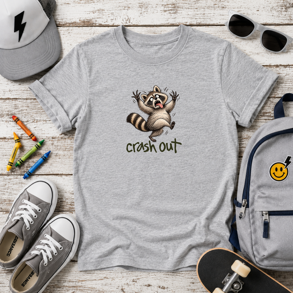 Cute Raccoon “Crash Out” Graphic Shirt for kids