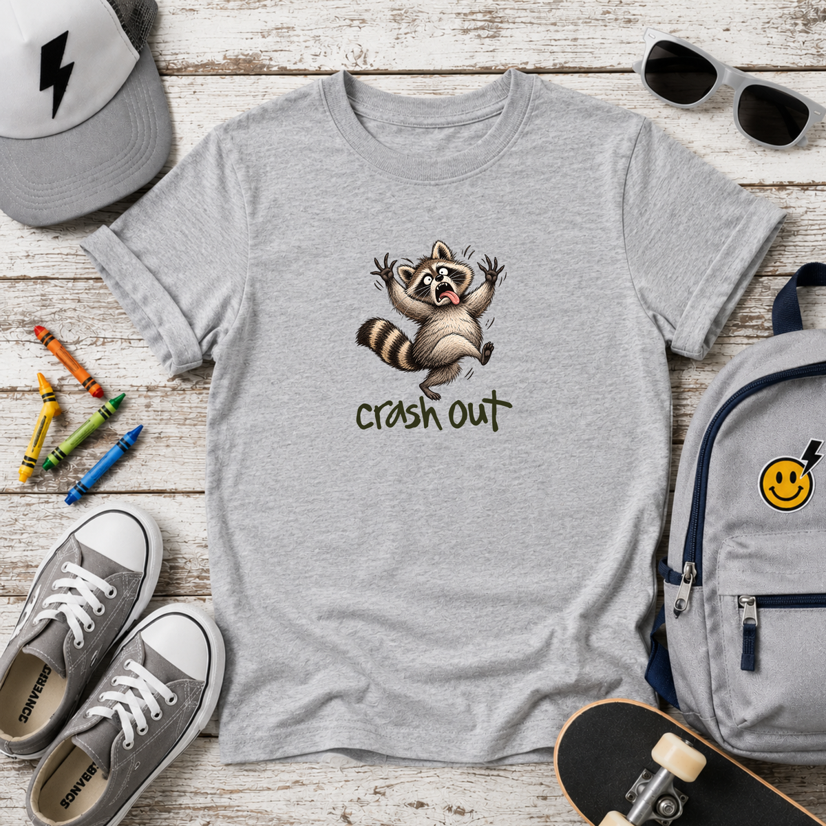 Cute Raccoon “Crash Out” Graphic Shirt for kids