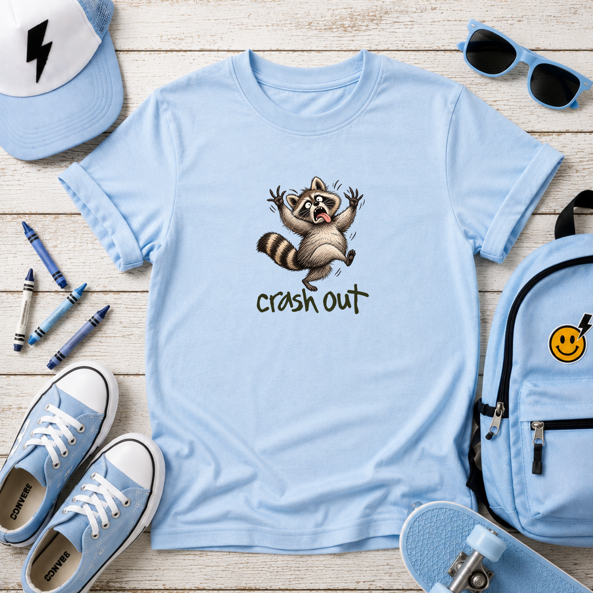 Cute Raccoon “Crash Out” Graphic Shirt for kids
