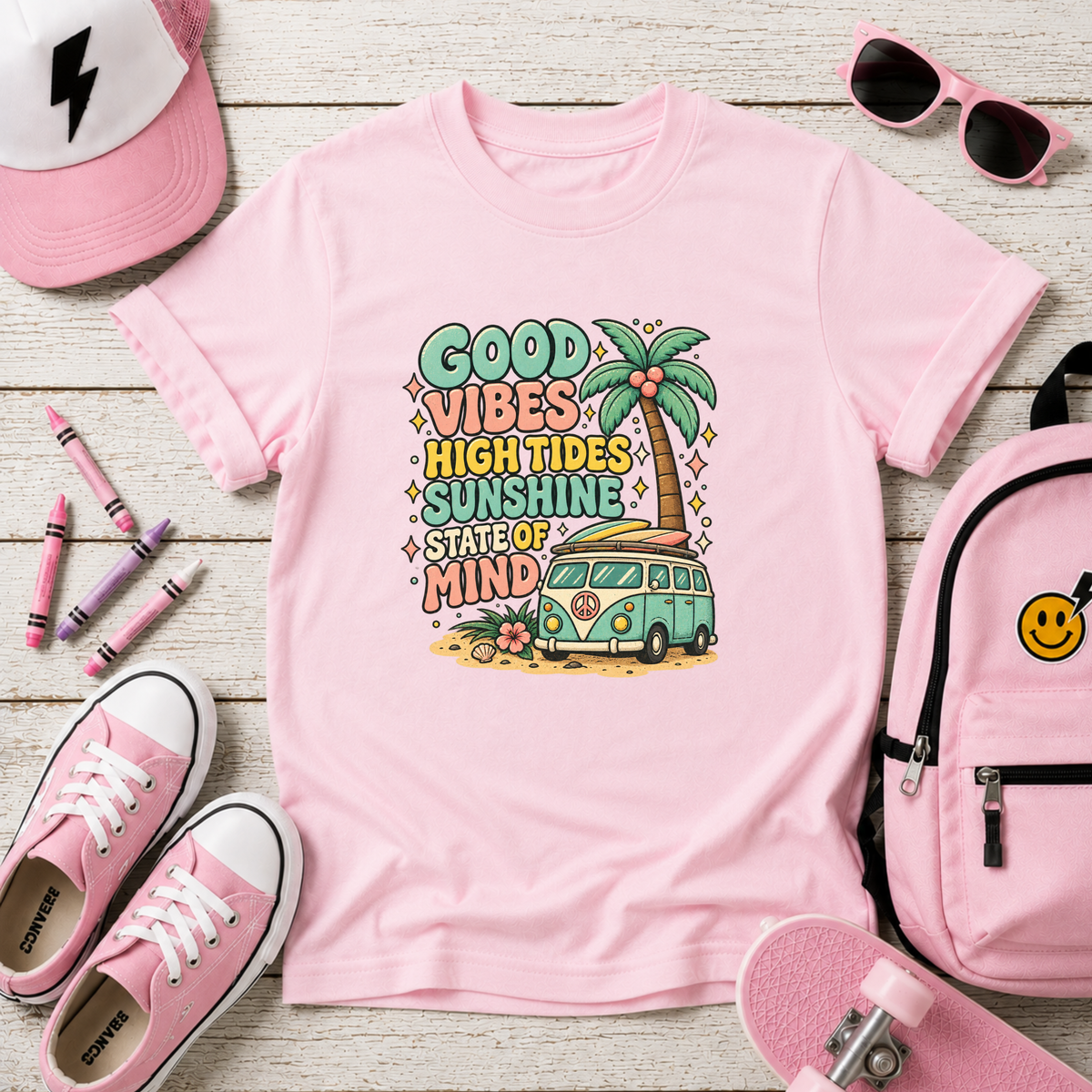 "Good Vibes, High Tides, Sunshine State of Mind" Retro Surf Van Graphic Tee
