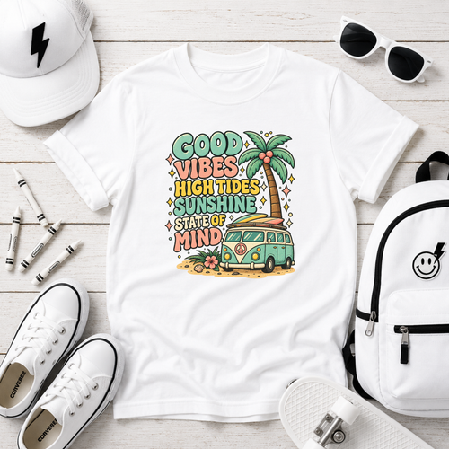 "Good Vibes, High Tides, Sunshine State of Mind" Retro Surf Van Graphic Tee