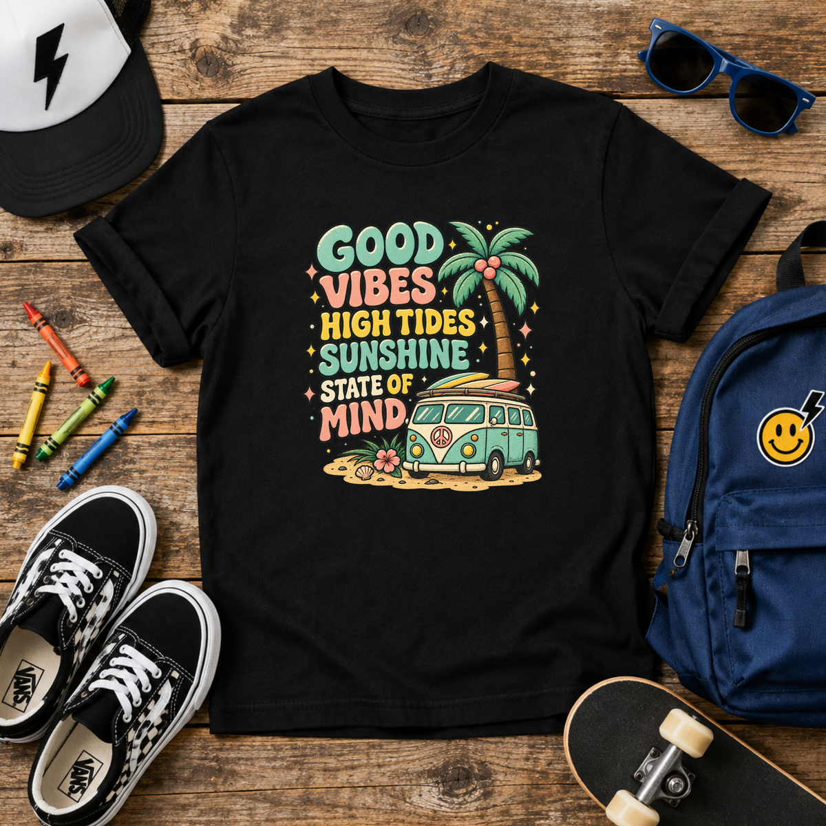 "Good Vibes, High Tides, Sunshine State of Mind" Retro Surf Van Graphic Tee