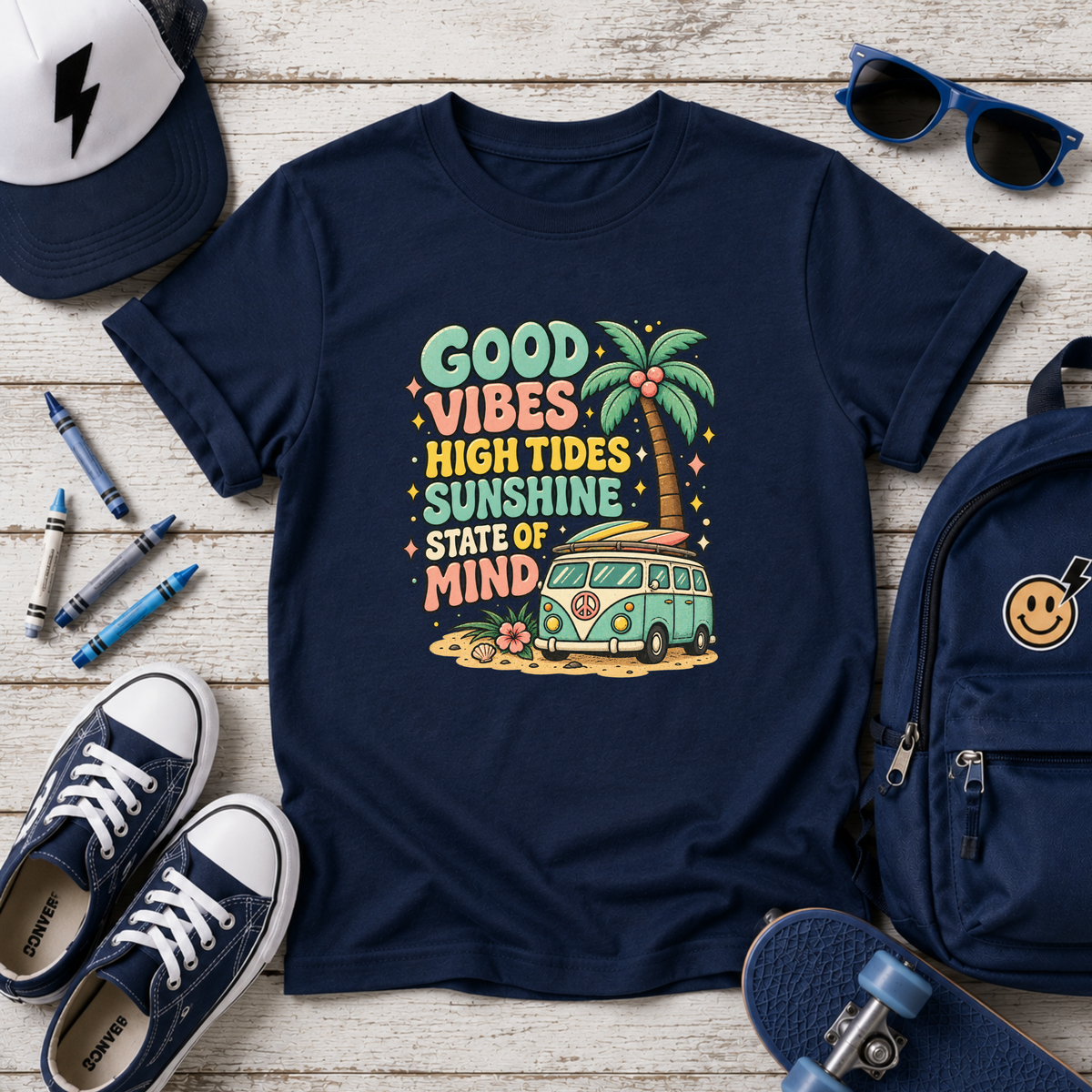 "Good Vibes, High Tides, Sunshine State of Mind" Retro Surf Van Graphic Tee