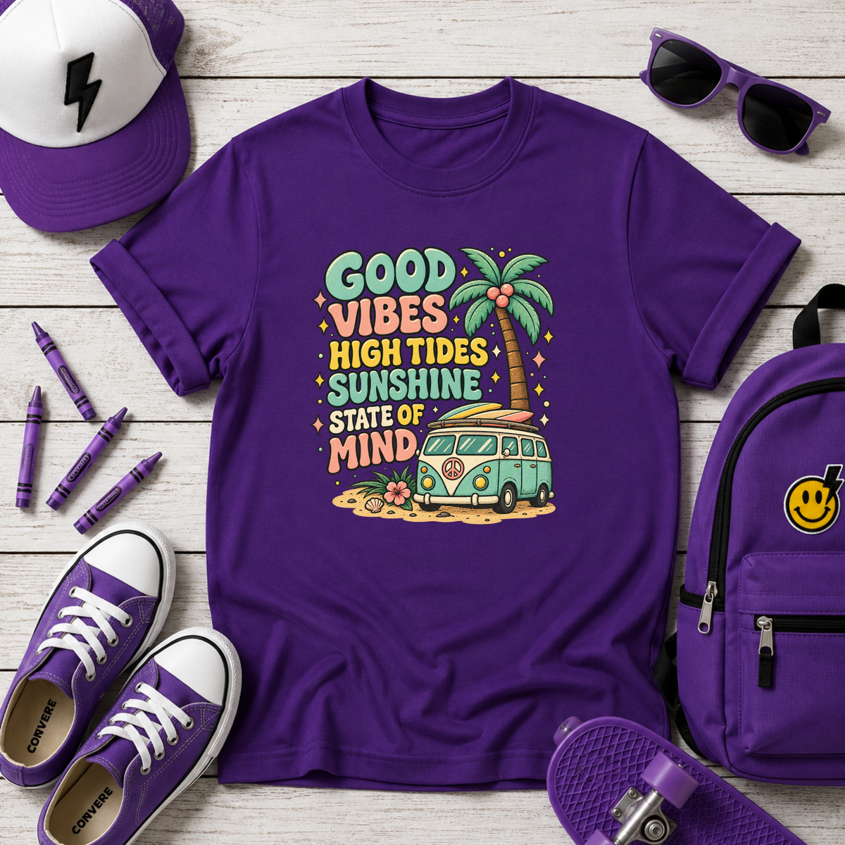 "Good Vibes, High Tides, Sunshine State of Mind" Retro Surf Van Graphic Tee
