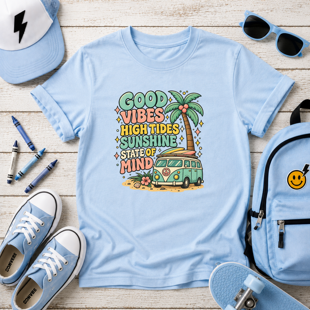"Good Vibes, High Tides, Sunshine State of Mind" Retro Surf Van Graphic Tee