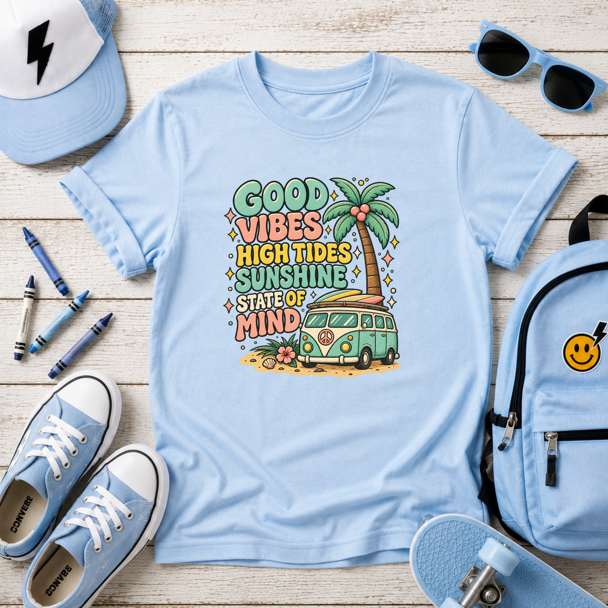 "Good Vibes, High Tides, Sunshine State of Mind" Retro Surf Van Graphic Tee