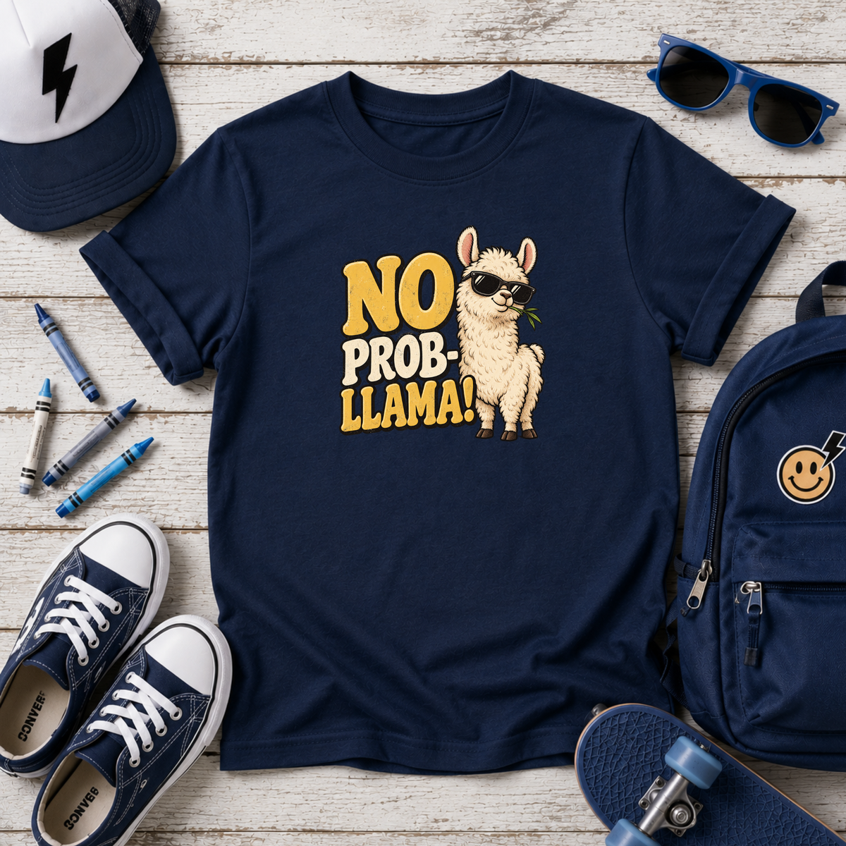 "No Prob-llama!" Cute Sunglasses Llama Funny Graphic Tee For Kids