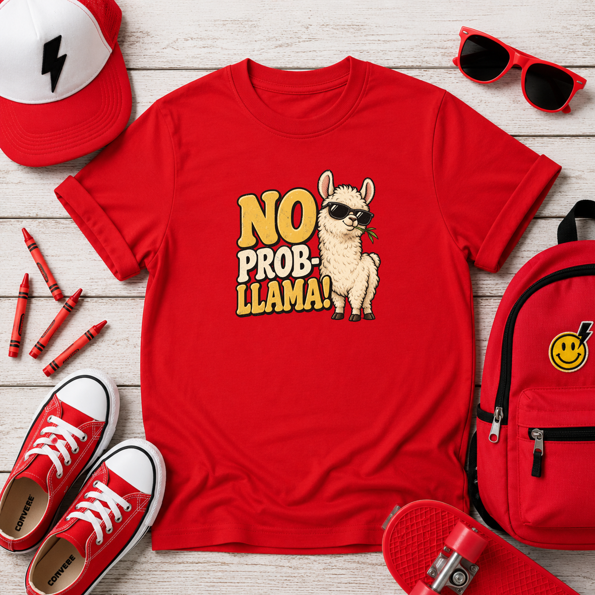 "No Prob-llama!" Cute Sunglasses Llama Funny Graphic Tee For Kids