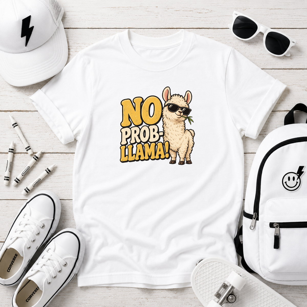 "No Prob-llama!" Cute Sunglasses Llama Funny Graphic Tee For Kids