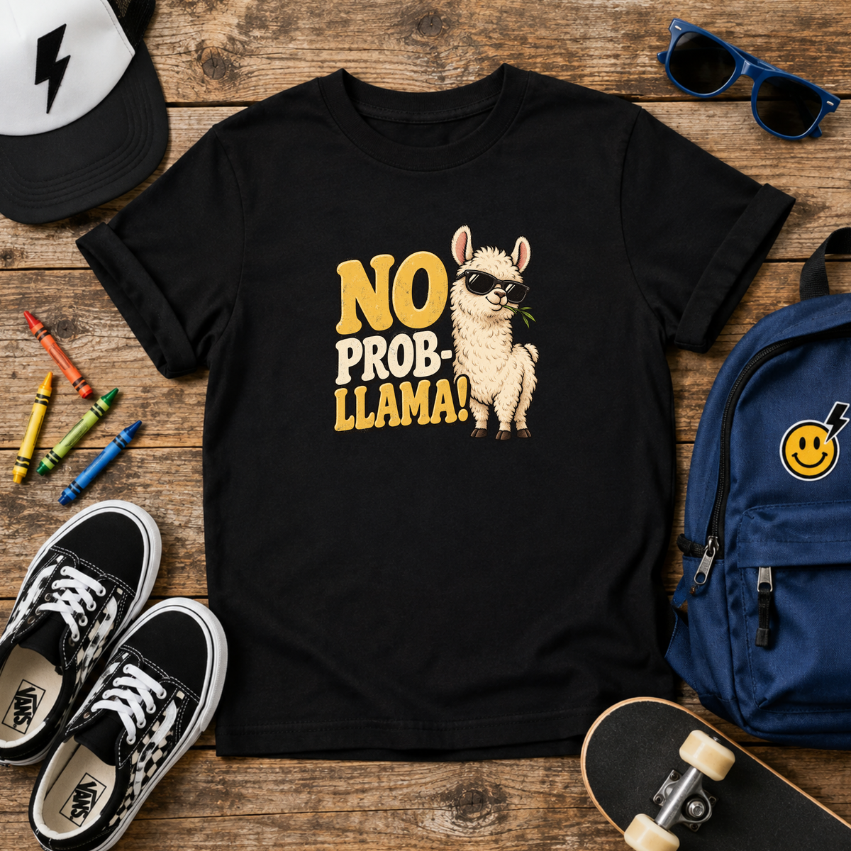 "No Prob-llama!" Cute Sunglasses Llama Funny Graphic Tee For Kids