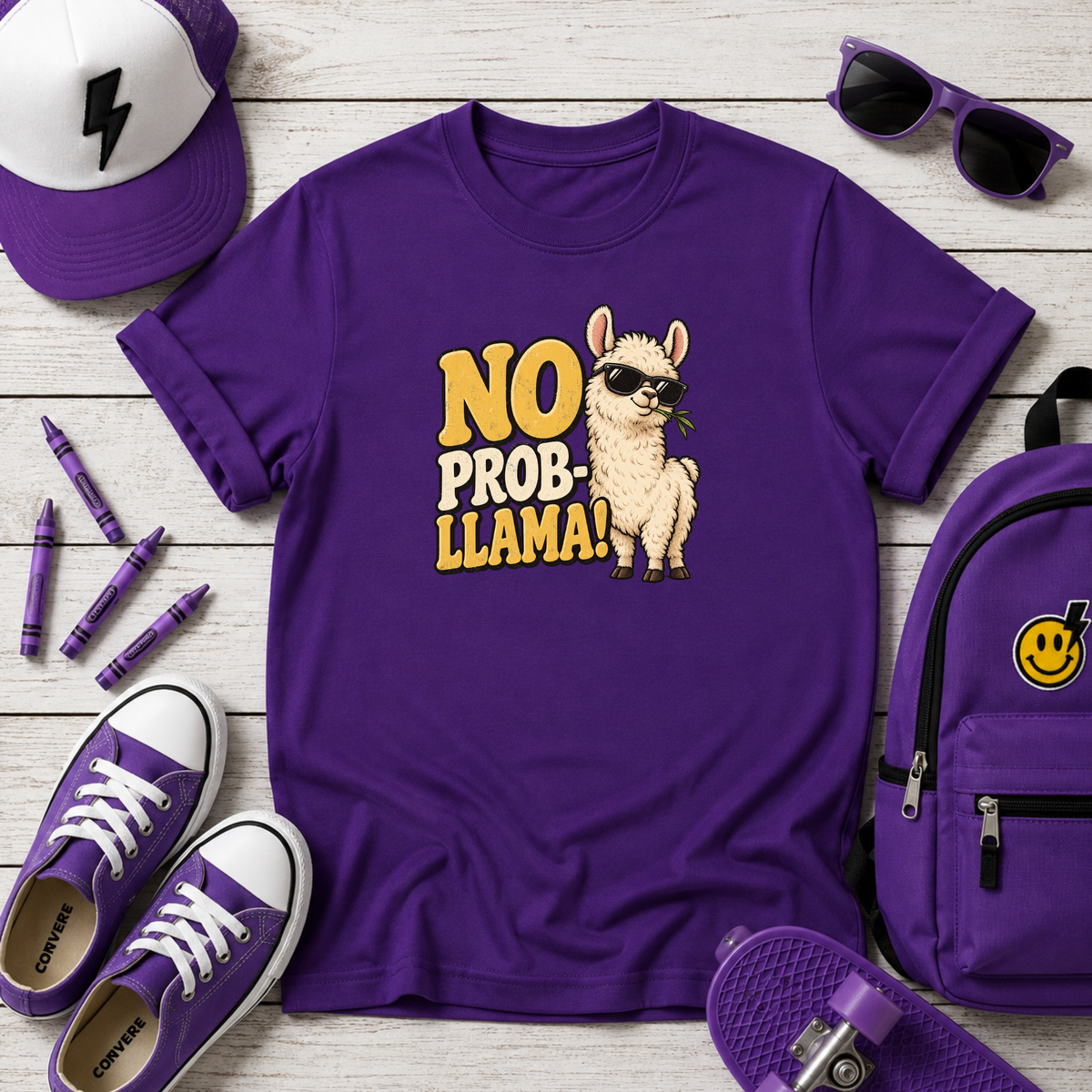 "No Prob-llama!" Cute Sunglasses Llama Funny Graphic Tee For Kids