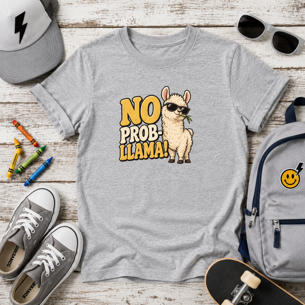 "No Prob-llama!" Cute Sunglasses Llama Funny Graphic Tee For Kids
