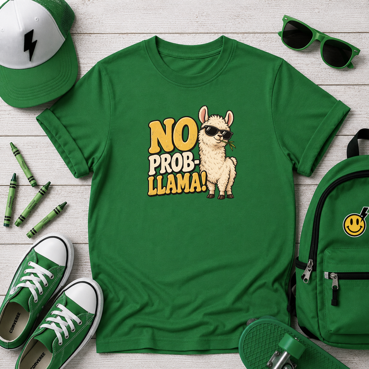 "No Prob-llama!" Cute Sunglasses Llama Funny Graphic Tee For Kids