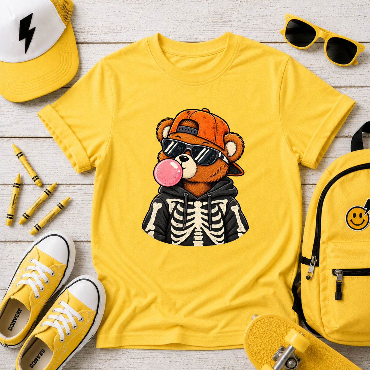 Kids Halloween Style Graphic "Skeleton Bear Bubblegum" Tee