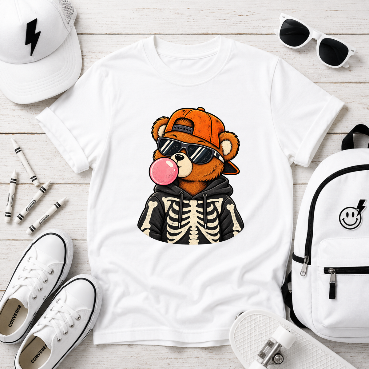 Kids Halloween Style Graphic "Skeleton Bear Bubblegum" Tee