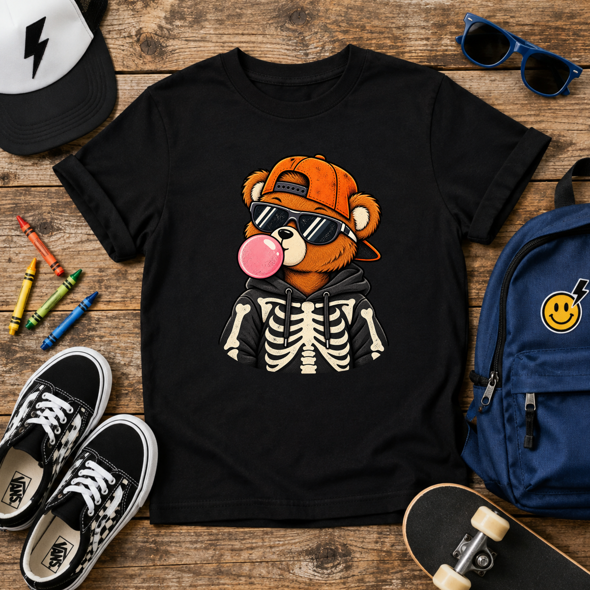 Kids Halloween Style Graphic "Skeleton Bear Bubblegum" Tee