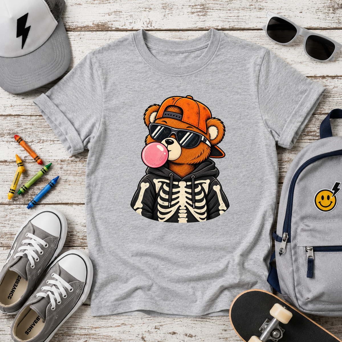 Kids Halloween Style Graphic "Skeleton Bear Bubblegum" Tee