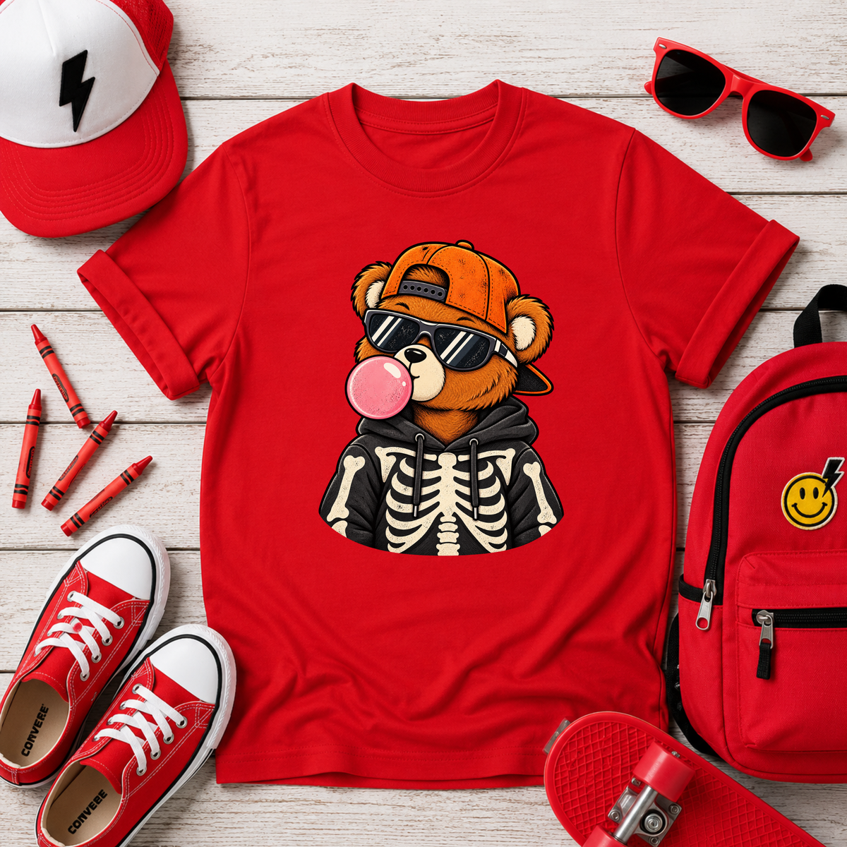 Kids Halloween Style Graphic "Skeleton Bear Bubblegum" Tee