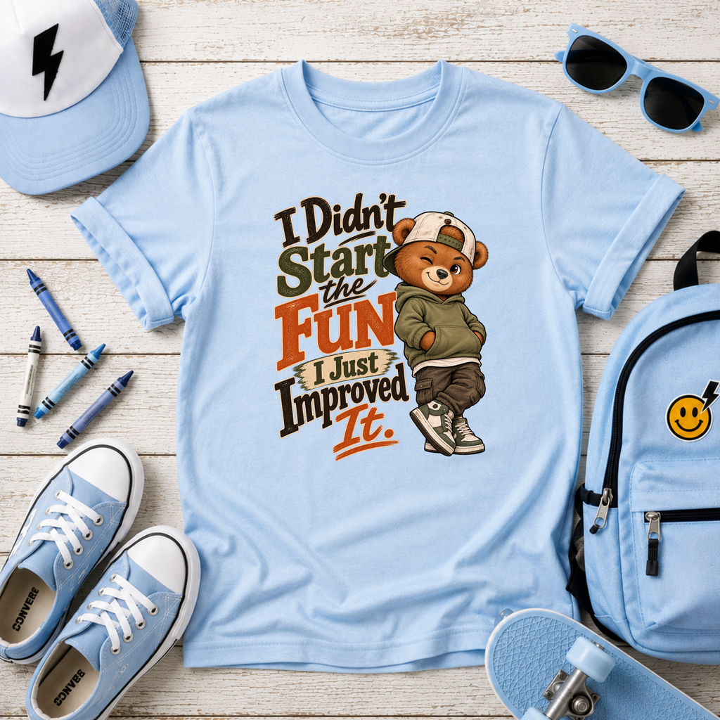 Kids Funny Retro Bear 'I Didn't Start the Fun, I Just Improved It' Graphic T-shirt