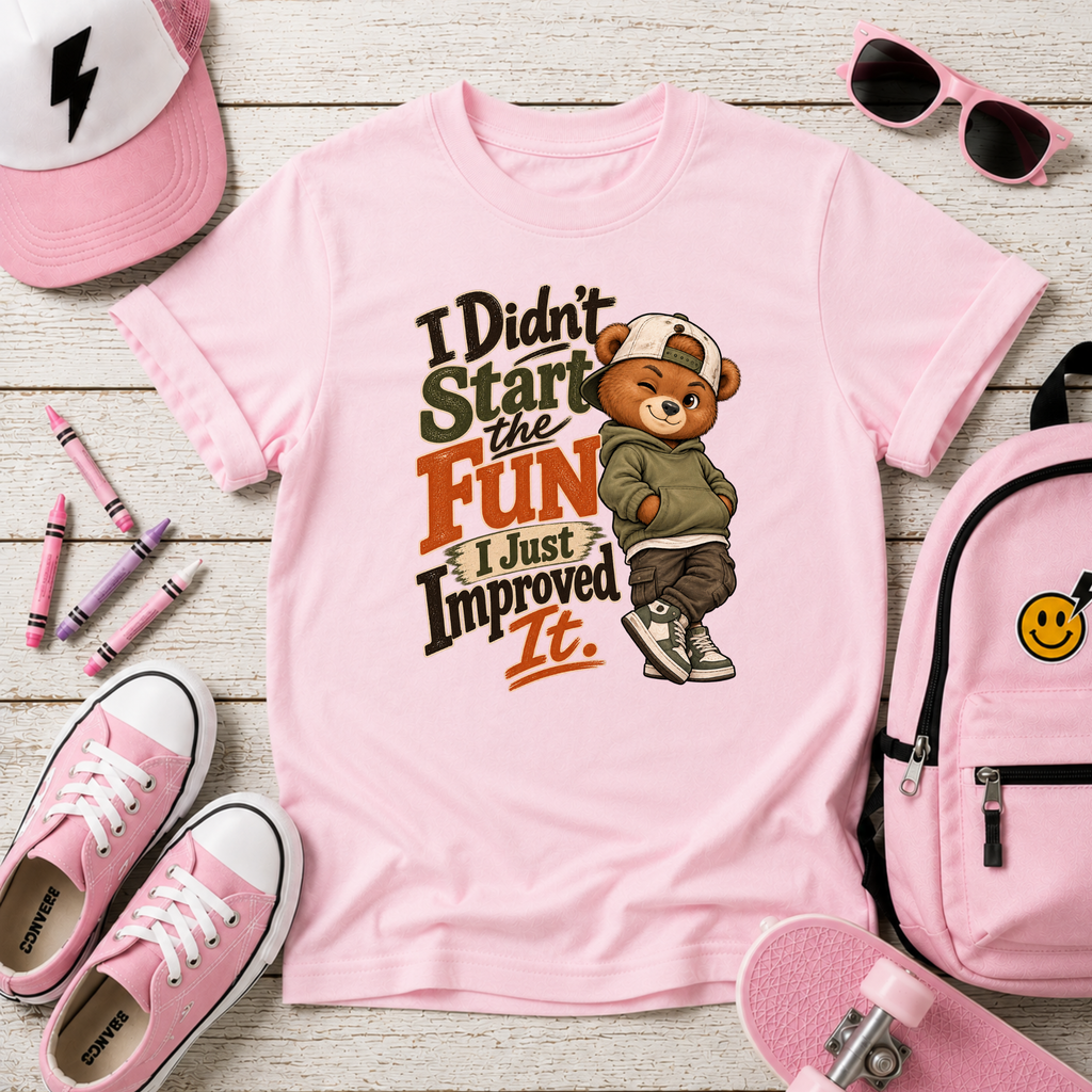 Kids Funny Retro Bear 'I Didn't Start the Fun, I Just Improved It' Graphic T-shirt