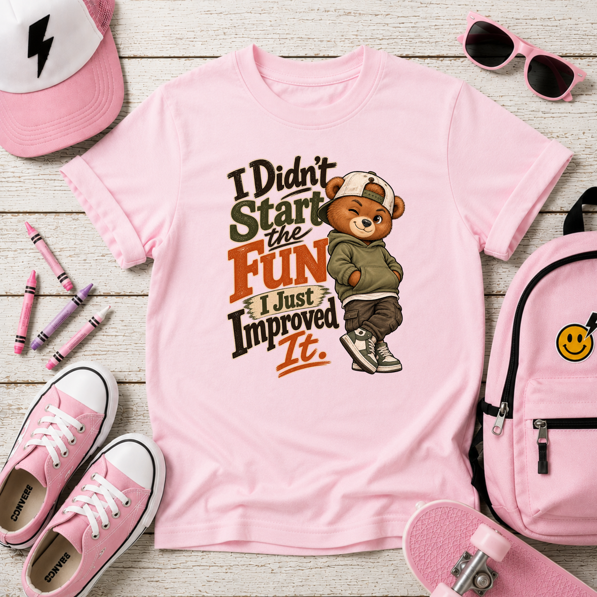 Kids Funny Retro Bear 'I Didn't Start the Fun, I Just Improved It' Graphic T-shirt