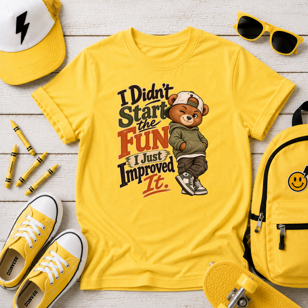 Kids Funny Retro Bear 'I Didn't Start the Fun, I Just Improved It' Graphic T-shirt