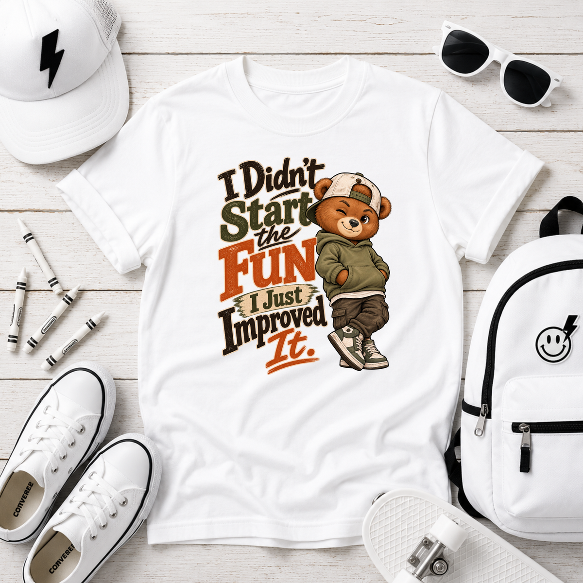 Kids Funny Retro Bear 'I Didn't Start the Fun, I Just Improved It' Graphic T-shirt