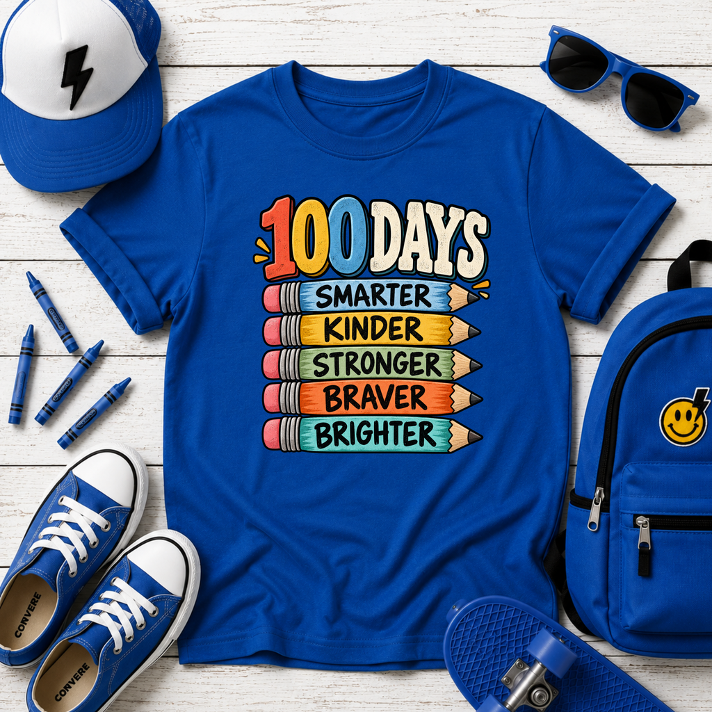 100 Days Smarter School Kids T-Shirt "Smarter, Kinder, Stronger, Braver, Brighter" Celebration Tee