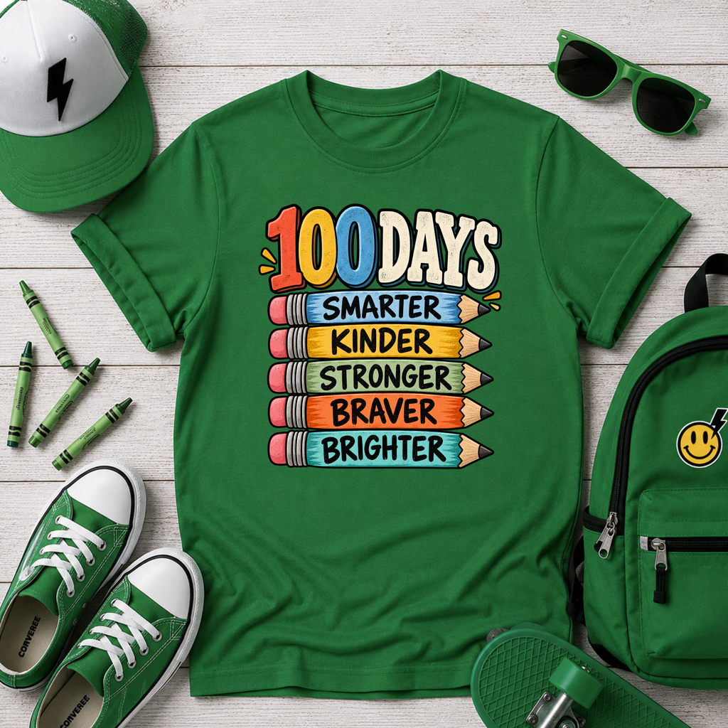100 Days Smarter School Kids T-Shirt "Smarter, Kinder, Stronger, Braver, Brighter" Celebration Tee