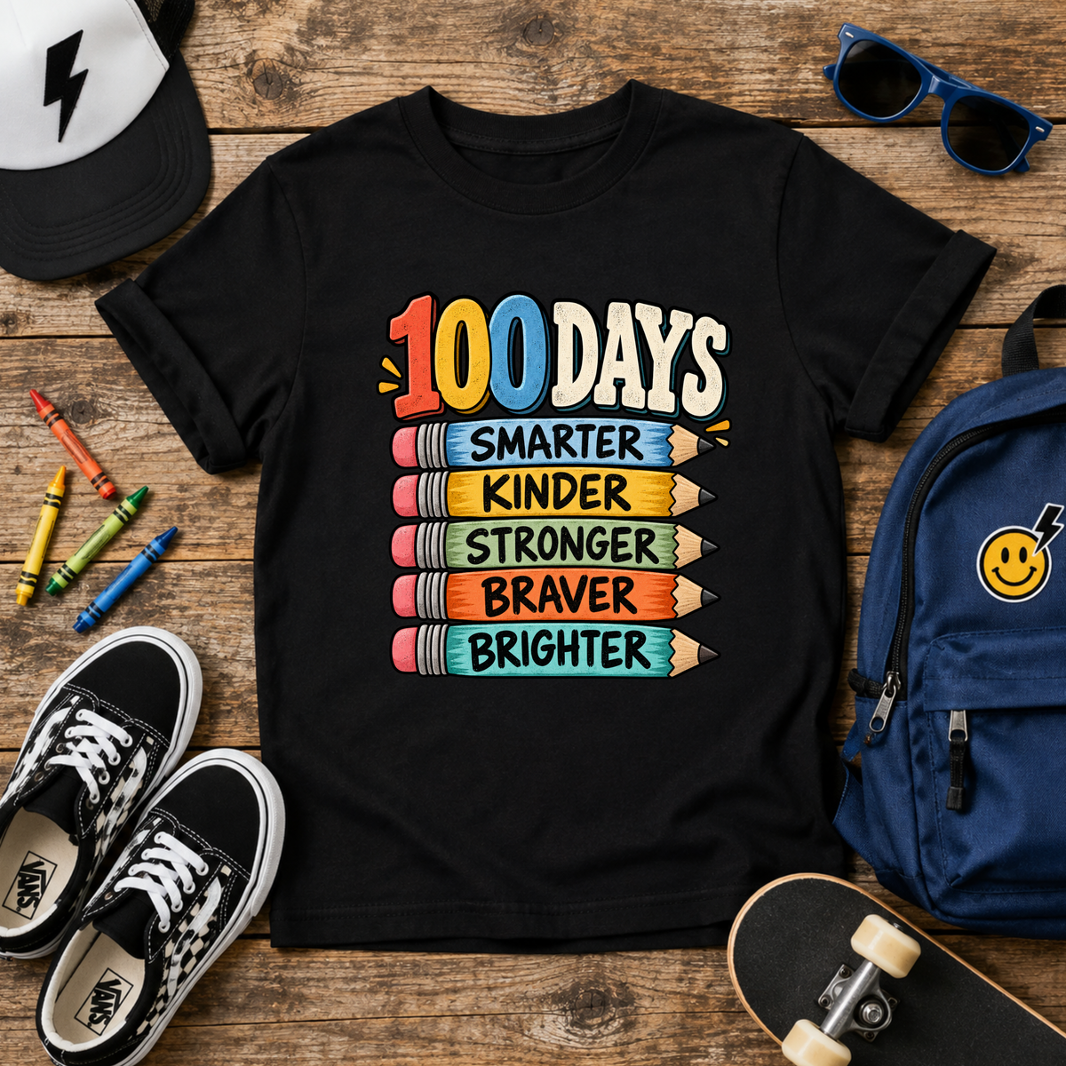 100 Days Smarter School Kids T-Shirt "Smarter, Kinder, Stronger, Braver, Brighter" Celebration Tee