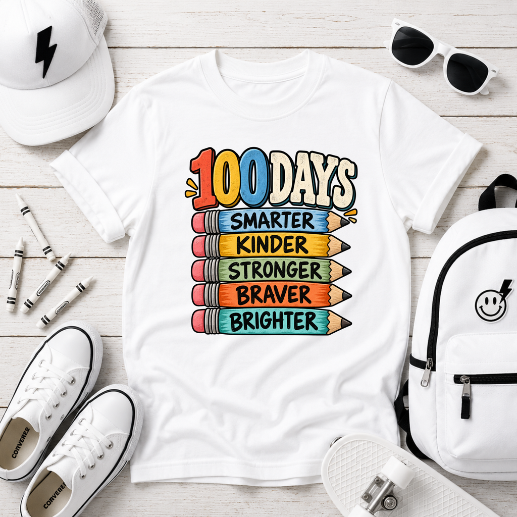 100 Days Smarter School Kids T-Shirt "Smarter, Kinder, Stronger, Braver, Brighter" Celebration Tee