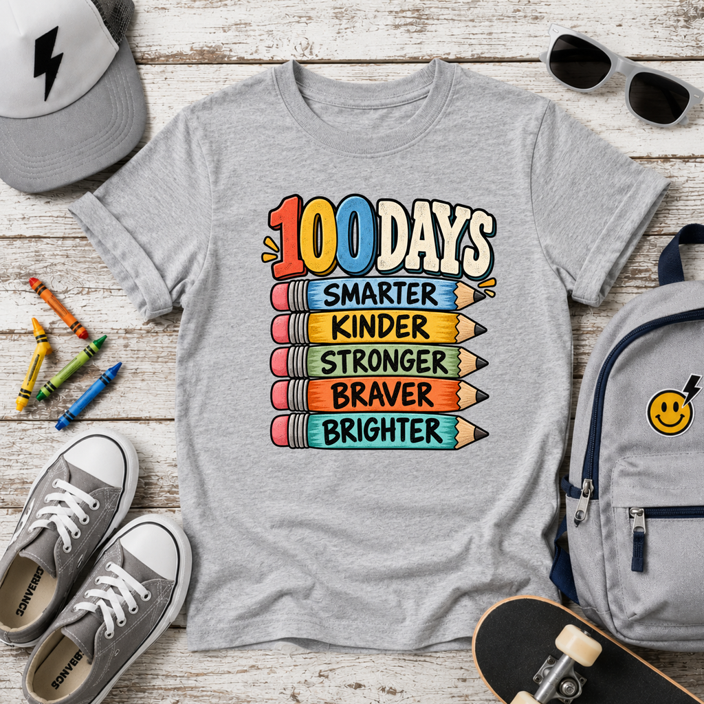 100 Days Smarter School Kids T-Shirt "Smarter, Kinder, Stronger, Braver, Brighter" Celebration Tee