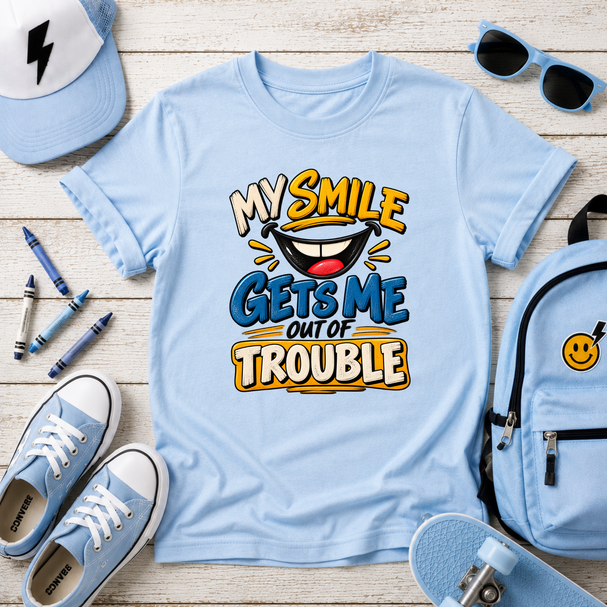 Kids T-Shirt "My Smile Gets Me Out of Trouble" Funny Graphic Tee