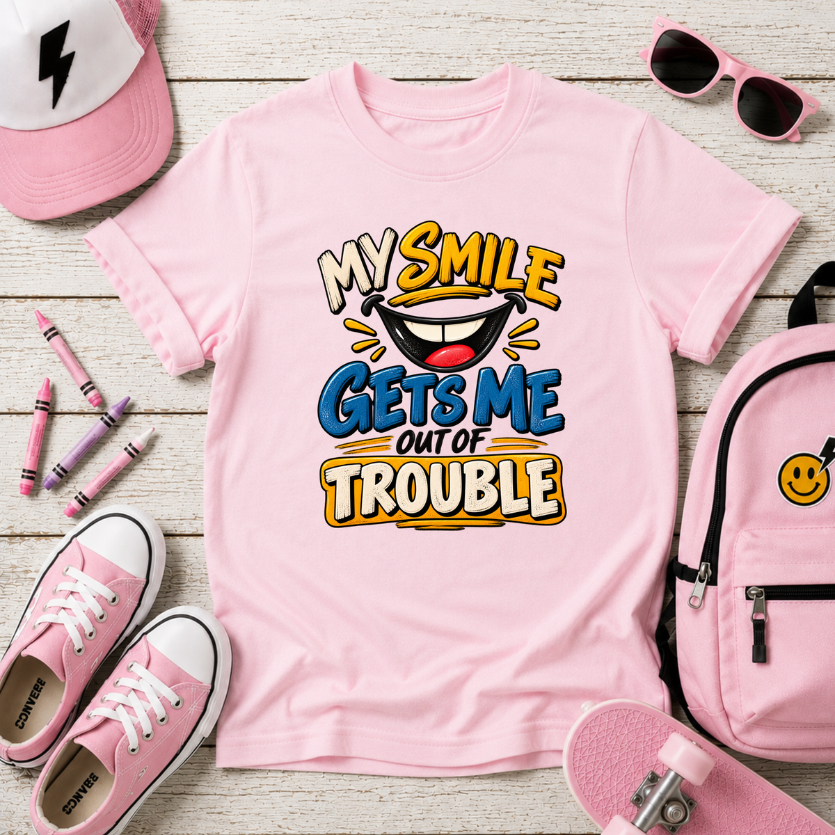 Kids T-Shirt "My Smile Gets Me Out of Trouble" Funny Graphic Tee