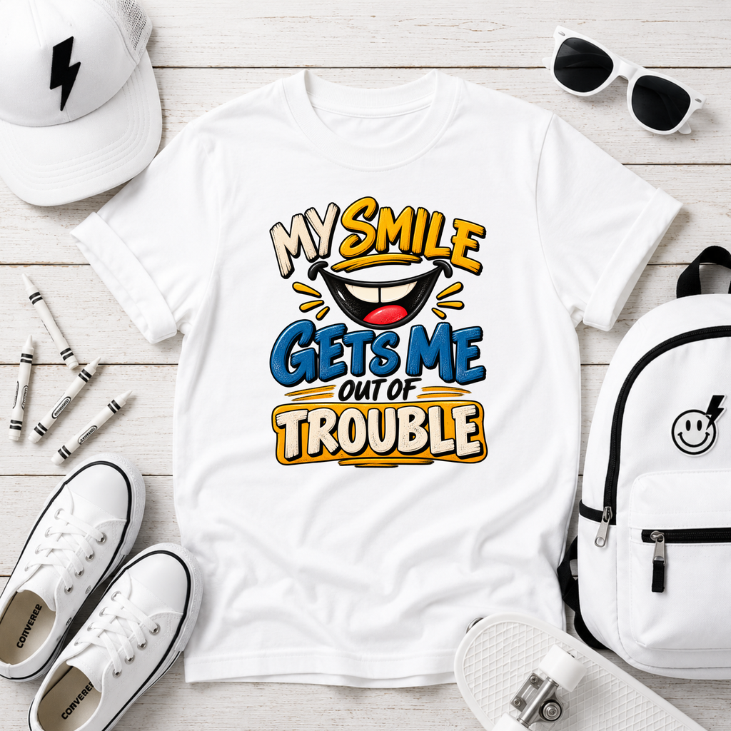 Kids T-Shirt "My Smile Gets Me Out of Trouble" Funny Graphic Tee