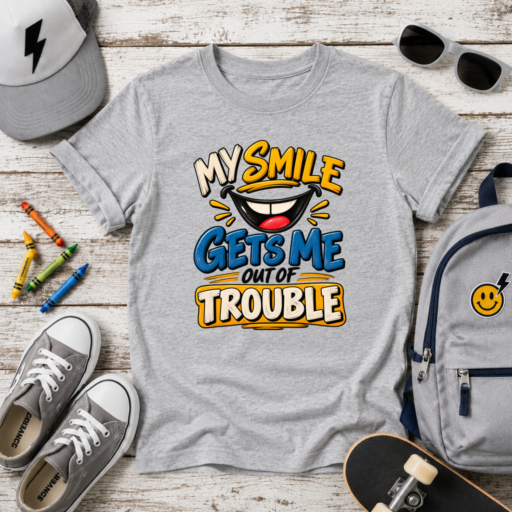 Kids T-Shirt "My Smile Gets Me Out of Trouble" Funny Graphic Tee