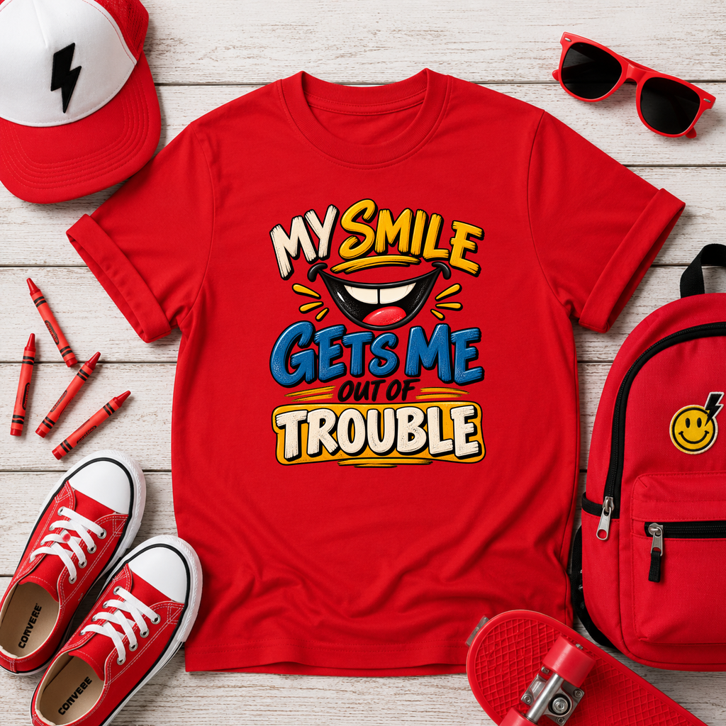 Kids T-Shirt "My Smile Gets Me Out of Trouble" Funny Graphic Tee